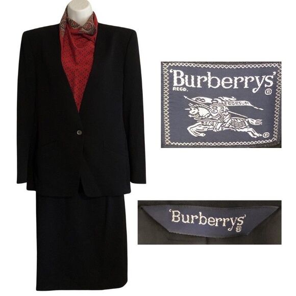 VTG Burberrys Black Wool Suit Womens Sz M Jacket Skirt Set 80s Classic Timeless - Picture 1 of 16